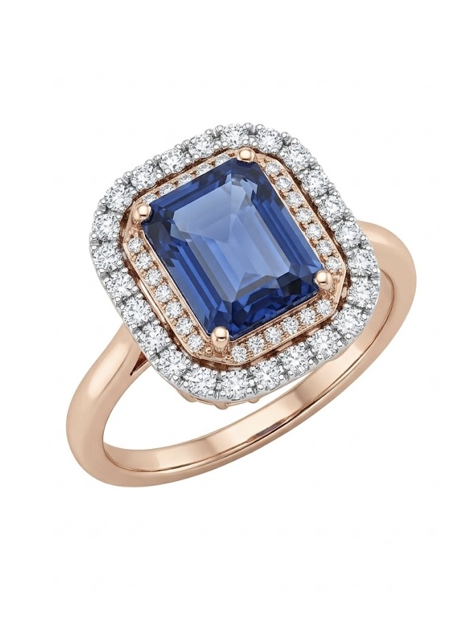 Royal Sapphire Cushion Halo Diamond Ring