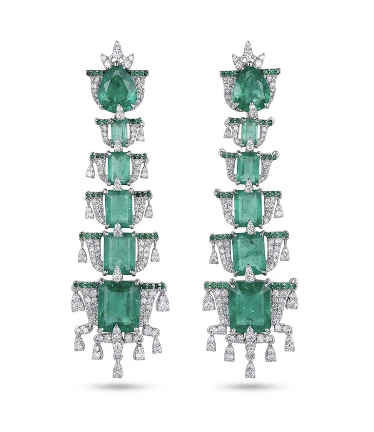 Emerald Step Drop Diamond Earrings