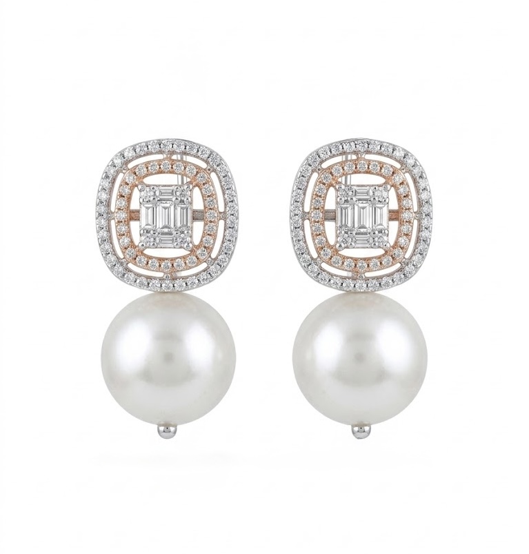 Pearl Halo Diamond Drop Earrings