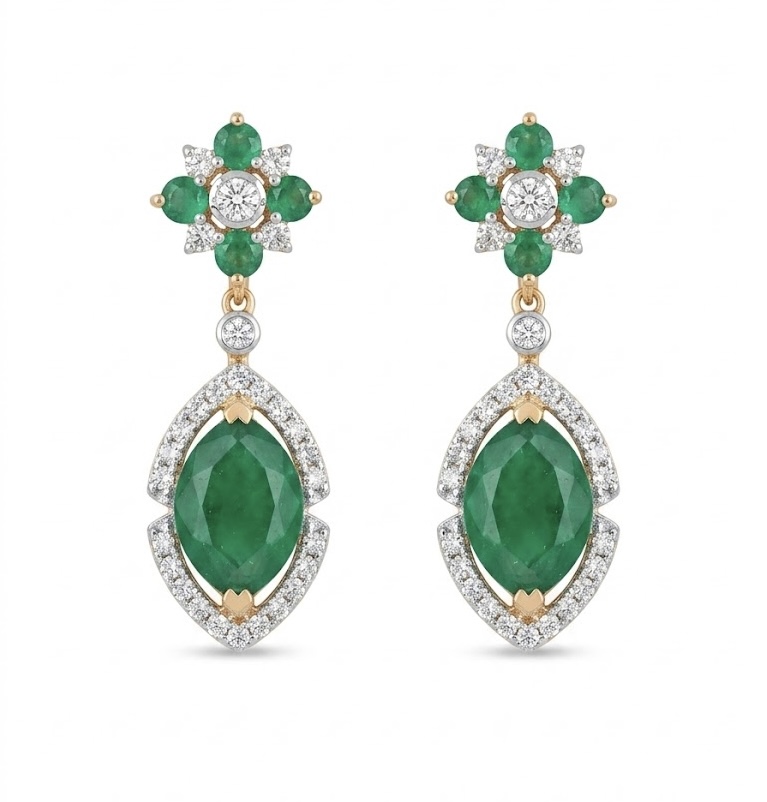 Emerald Drop Floral Diamond Earrings