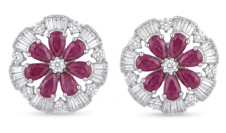 14K Floral Ruby Diamond Stud Earrings