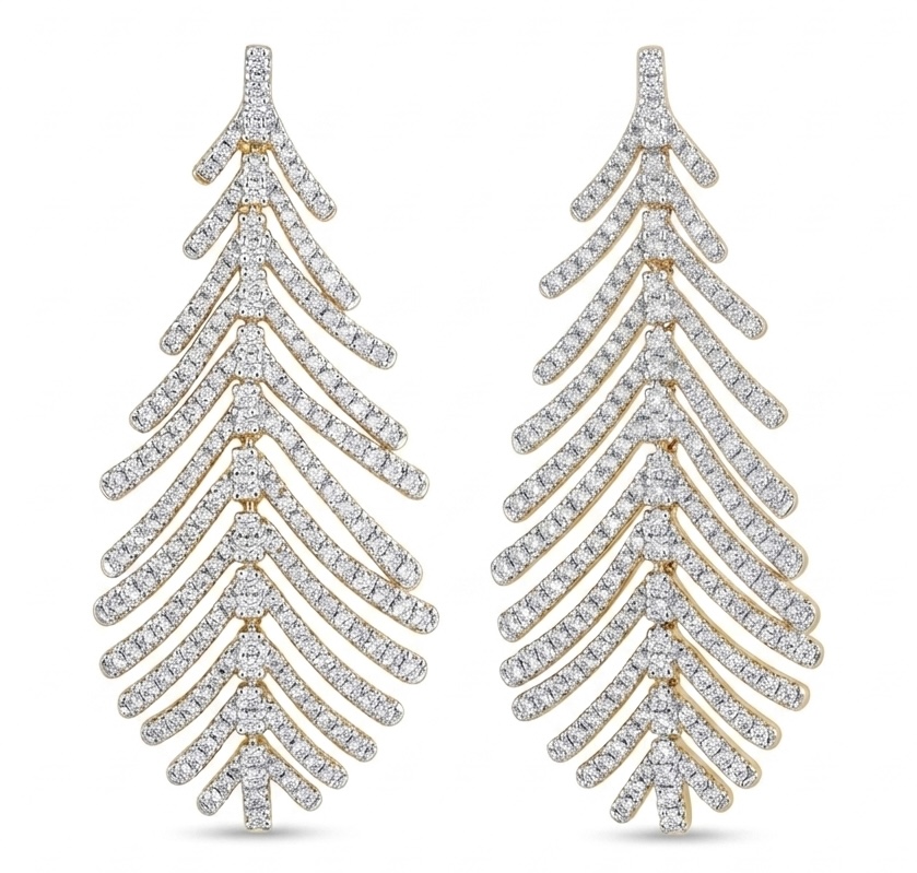 14K Multi-Layer Diamond Feather Earrings