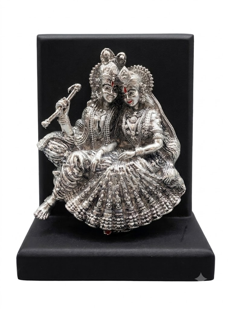 Silver Radha Krishna Idol sitting with Premium Display Case