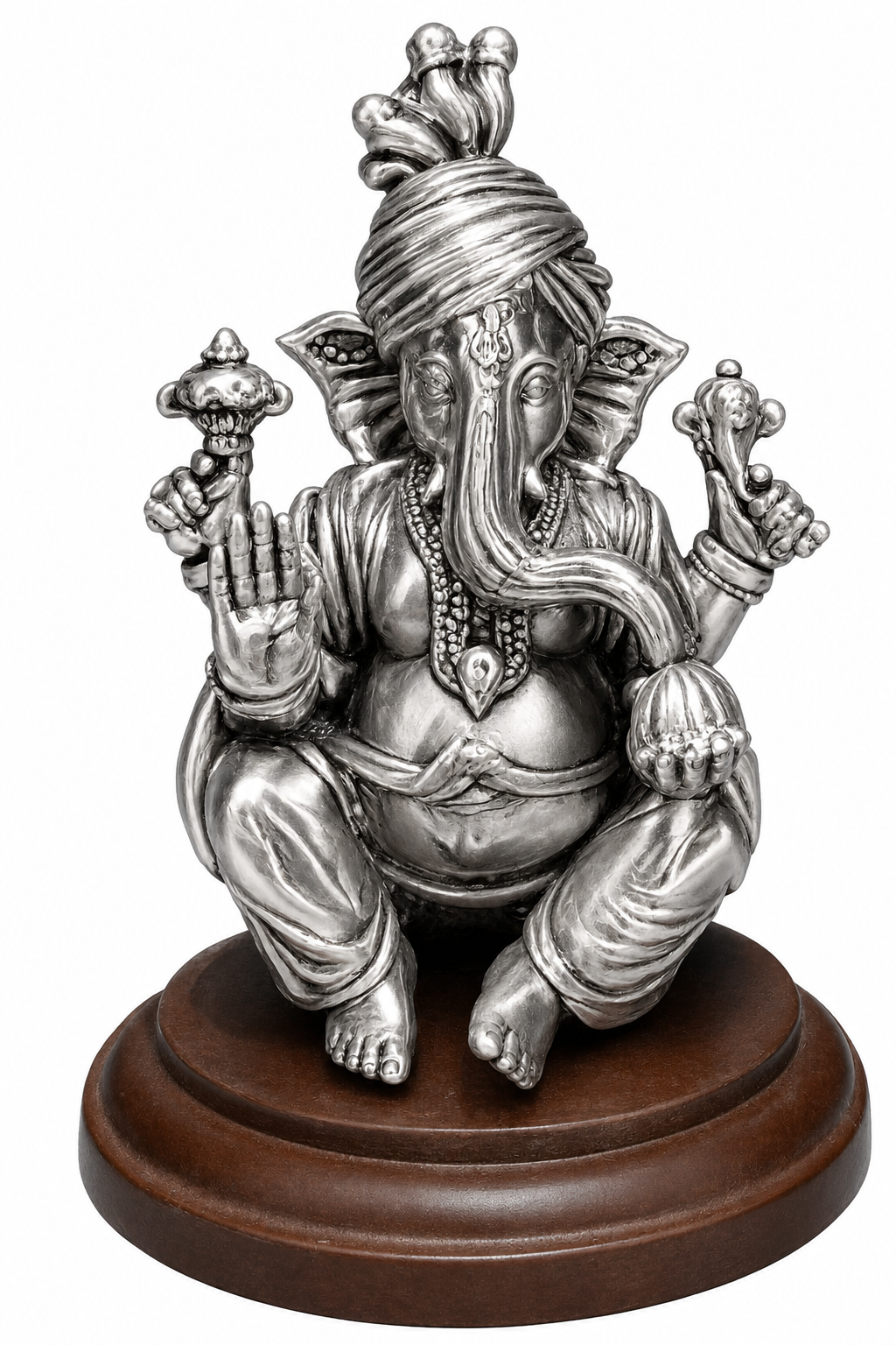 Silver Blessing Lord Ganesha Idol on Wooden Base