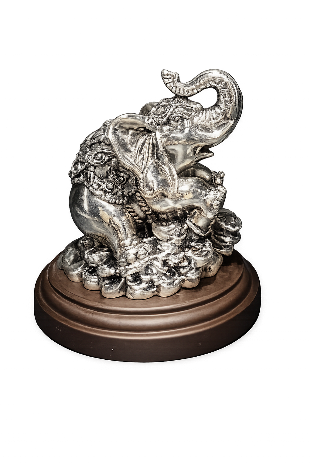 Pure Silver Elephant Idol with Wooden Base