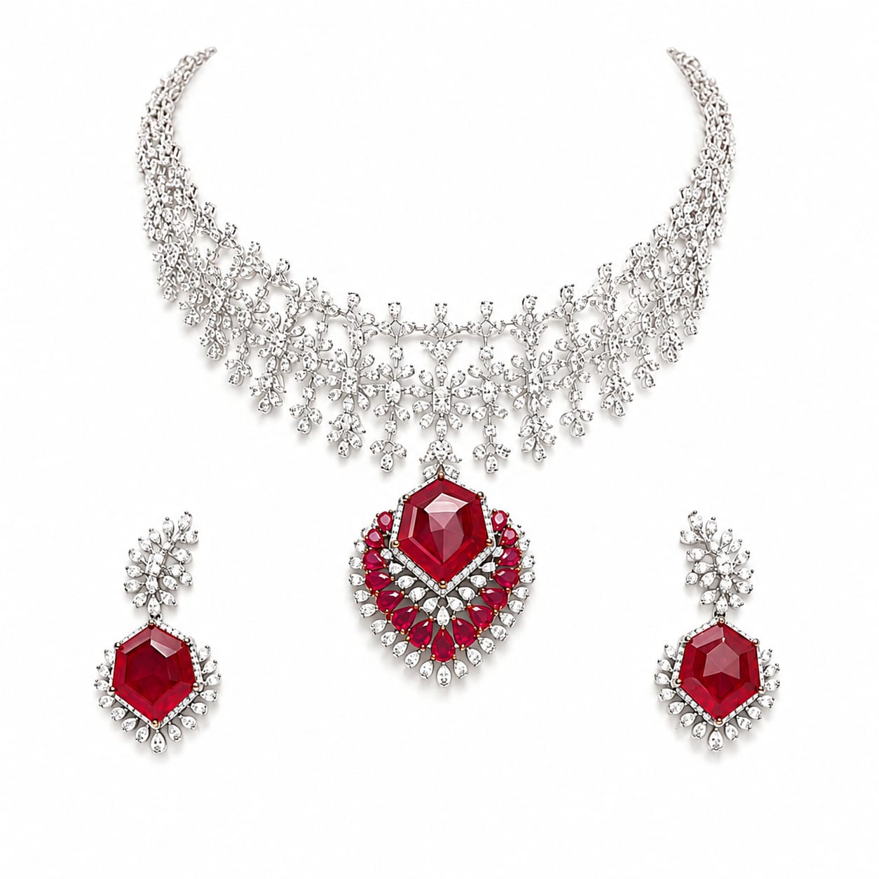 Ruby Red Heart Drop Necklace Set