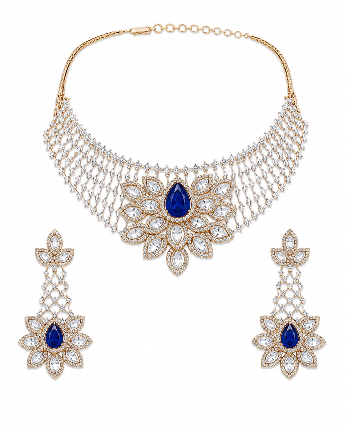 Blue Solitaire Floral Designer Necklace Set