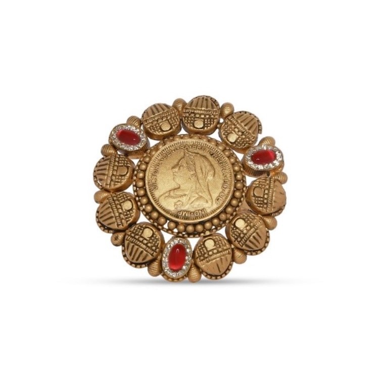 Antique Temple Coin Ring with Red Stone Accents