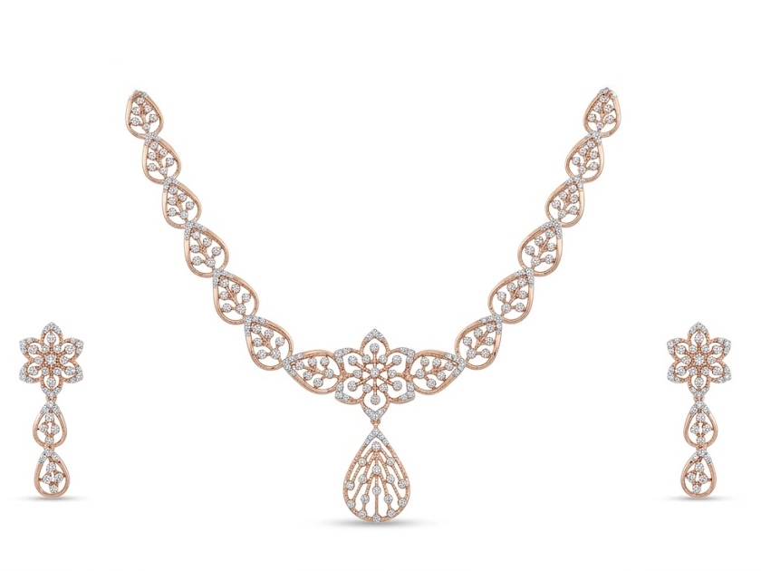 Floral Drop Diamond Necklace Set in 14K Rose Gold