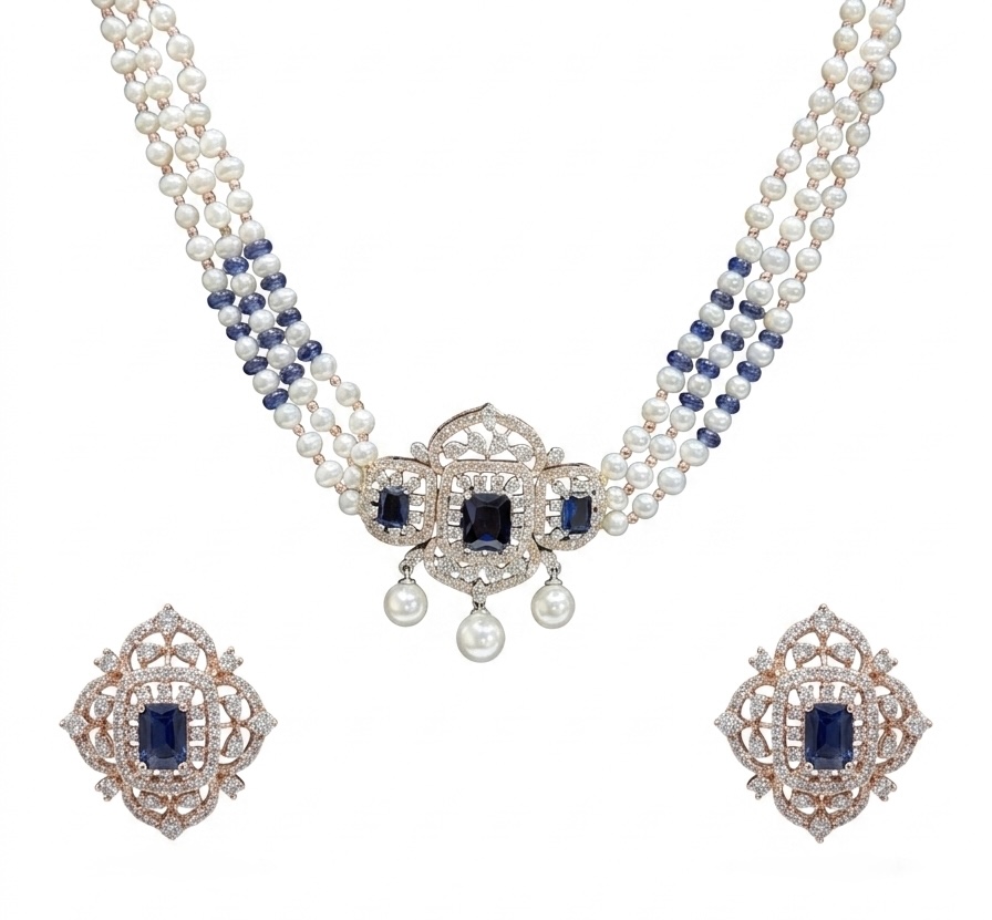 Royal Sapphire Layered Diamond Necklace Set in 14K Gold