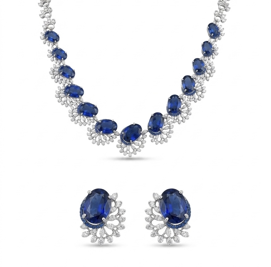 Blue Sapphire Halo Diamond Necklace Set in 14K White Gold