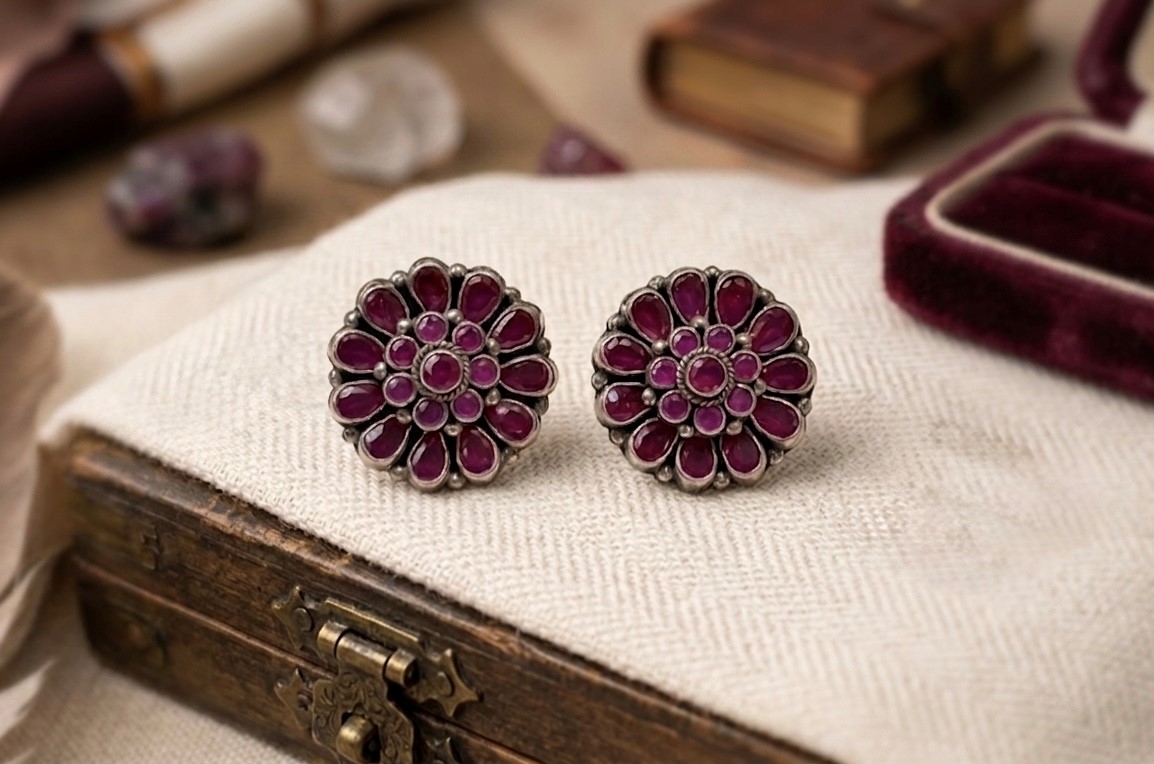 Classic Ruby Cluster Silver Stud Earrings