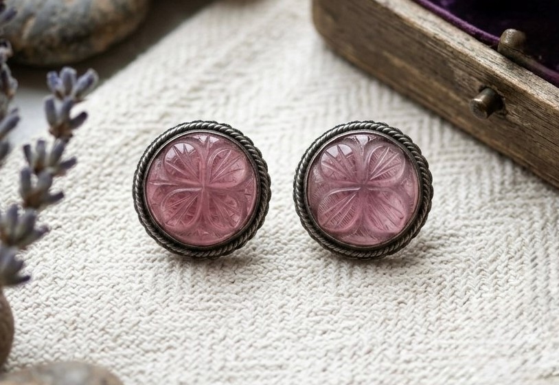 Rose Quartz Silver Circle Stud Earrings