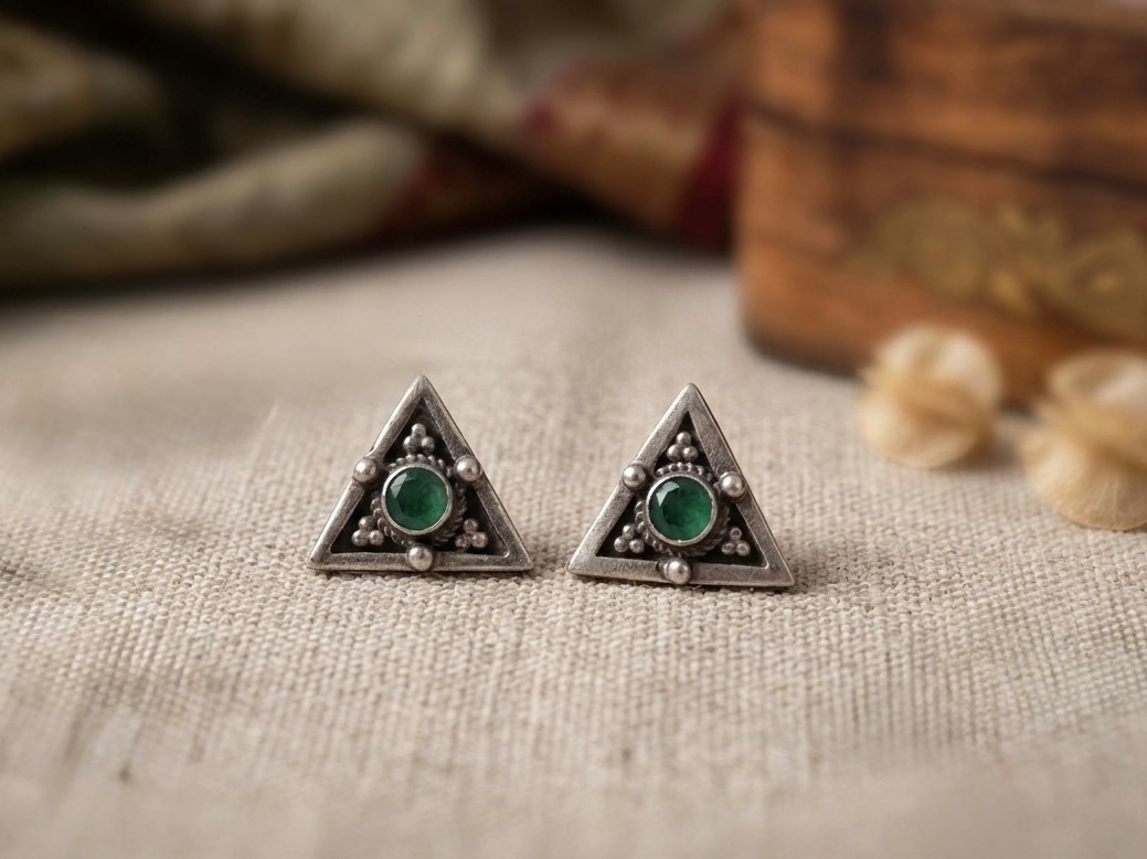 Emerald Triangle Silver Stud Earrings