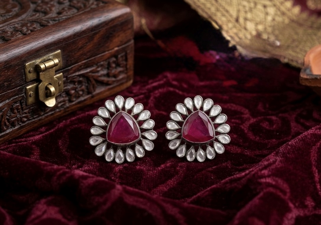 Ruby Petal Silver Halo Earrings
