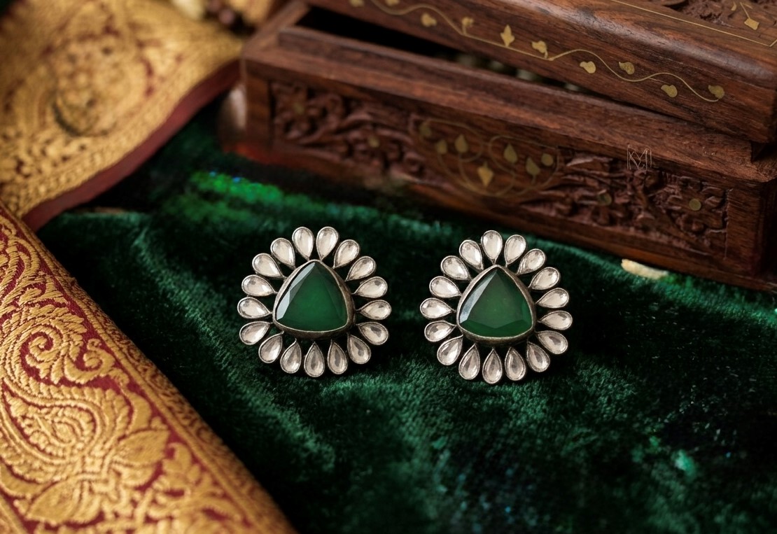 Emerald Halo Silver Stud Earrings