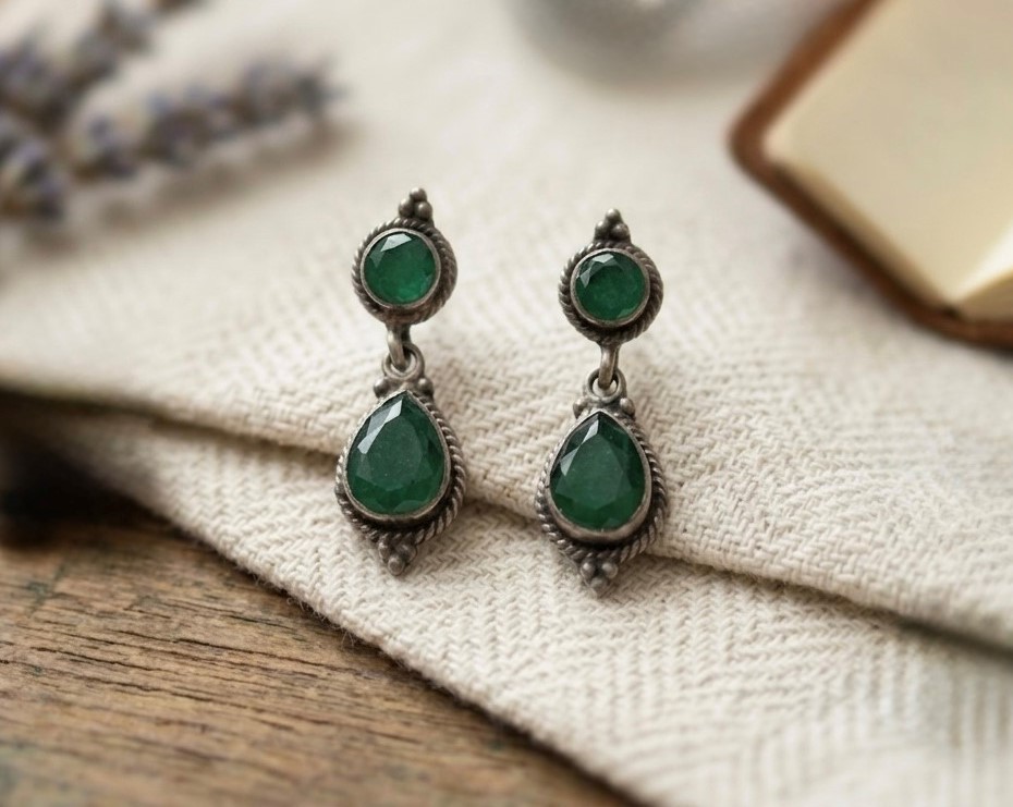 Artisan Emerald Teardrop Silver Earrings