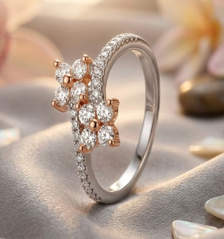 Rose Gold Floral Diamond Silver Ring