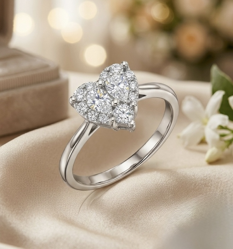 Silver Heart Halo Engagement Ring