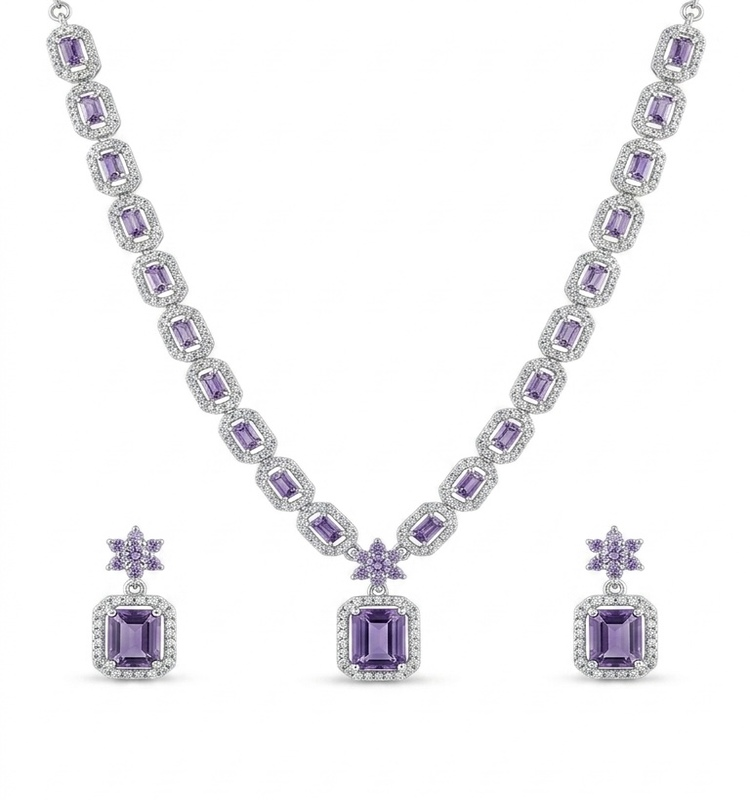 Amethyst Halo Silver Necklace Set
