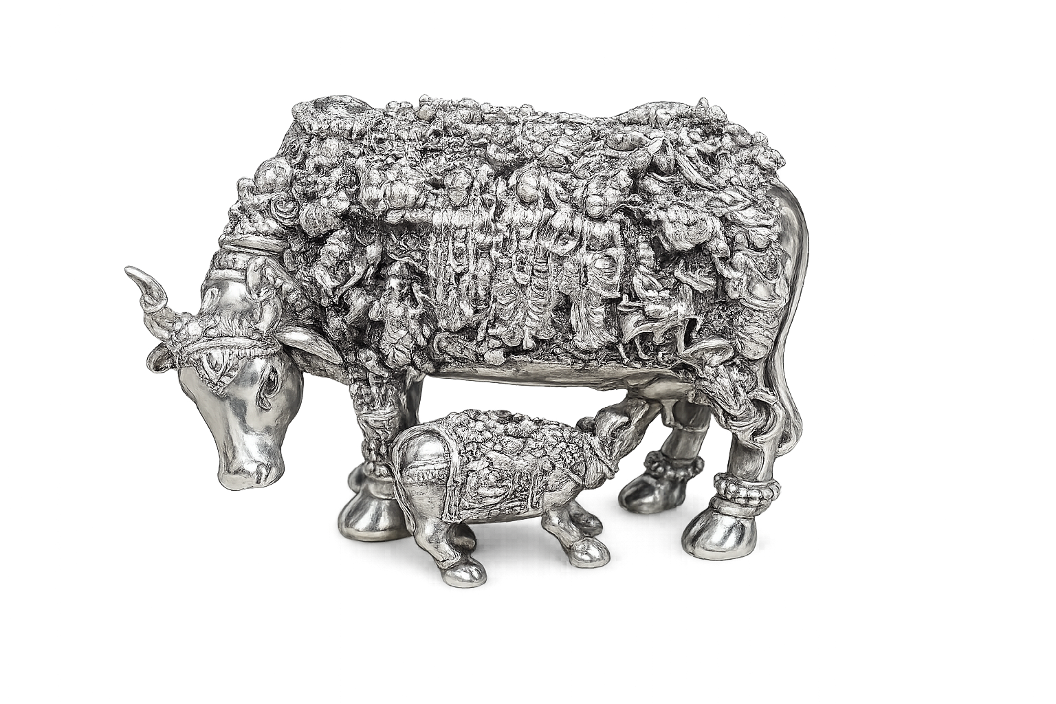 Silver Sacred Cow & Calf Decorative Idol