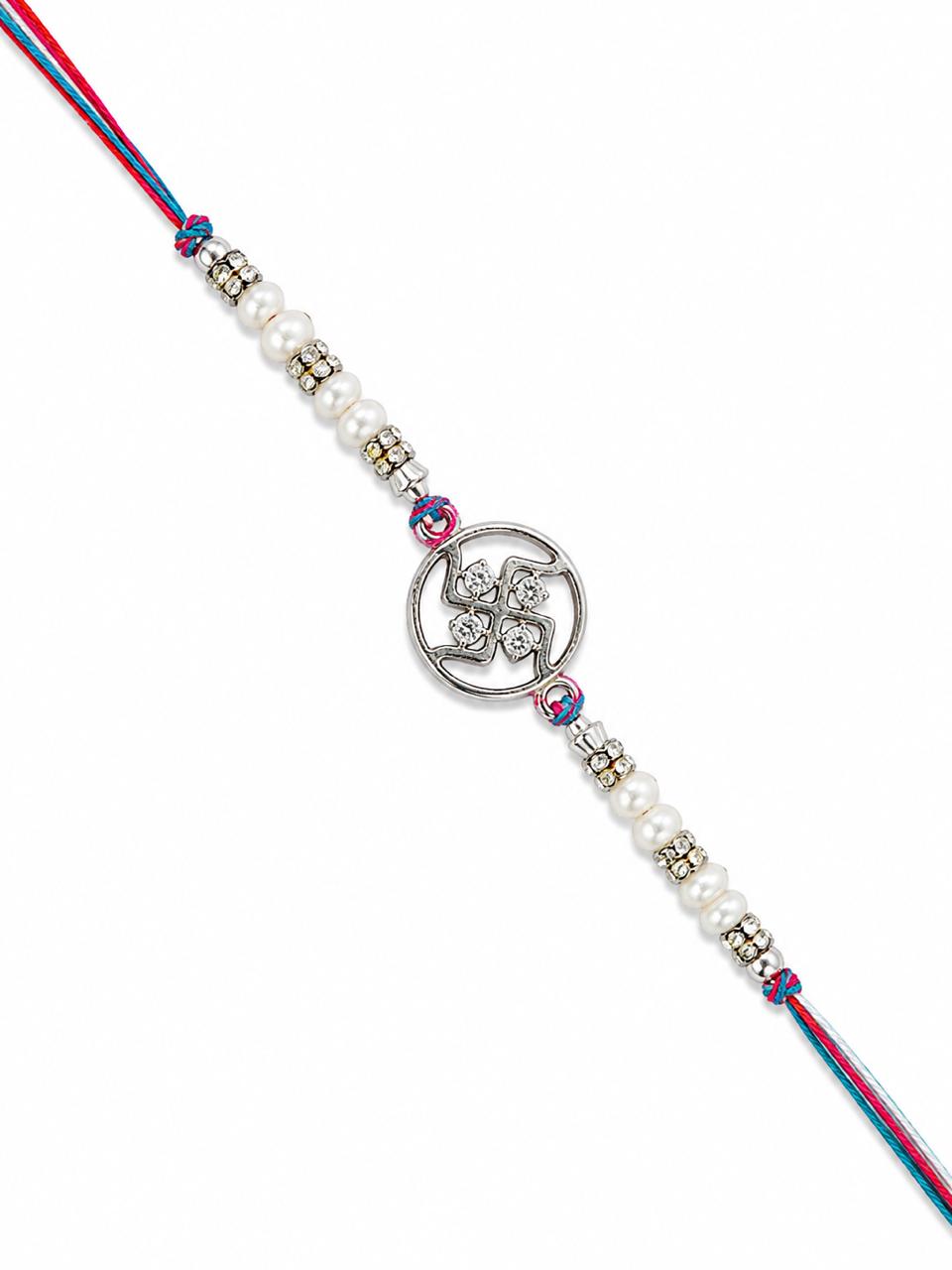 Shubh Swastik Pearl Silver Rakhi