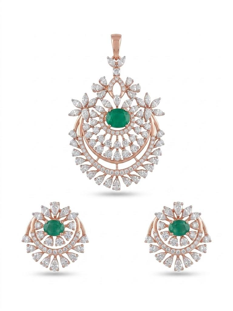 Emerald Diamond Starburst Pendant Set