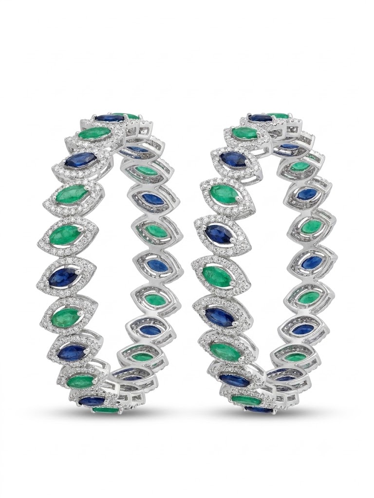 Emerald Sapphire Marquise Halo Bangle Pair