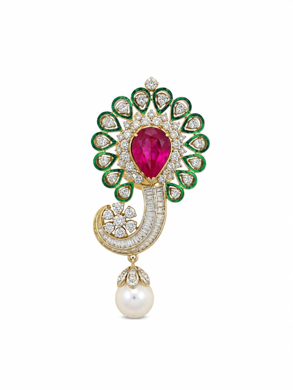 Ruby Emerald Pearl Peacock Pendant