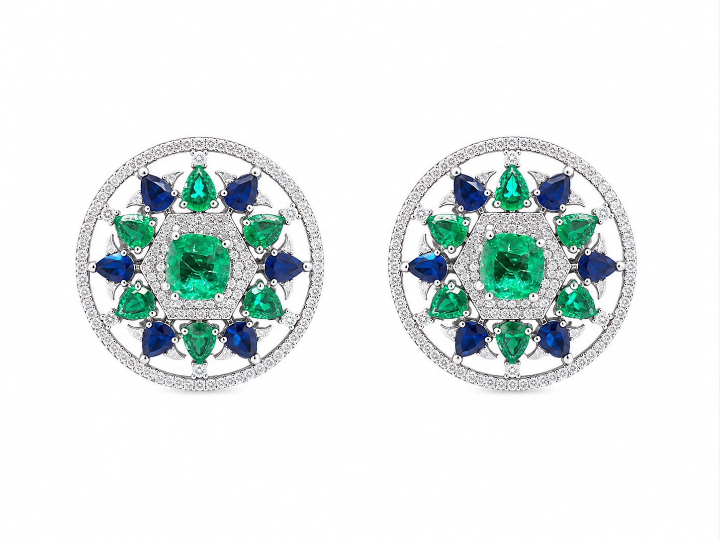 Emerald Sapphire Rosette Studs