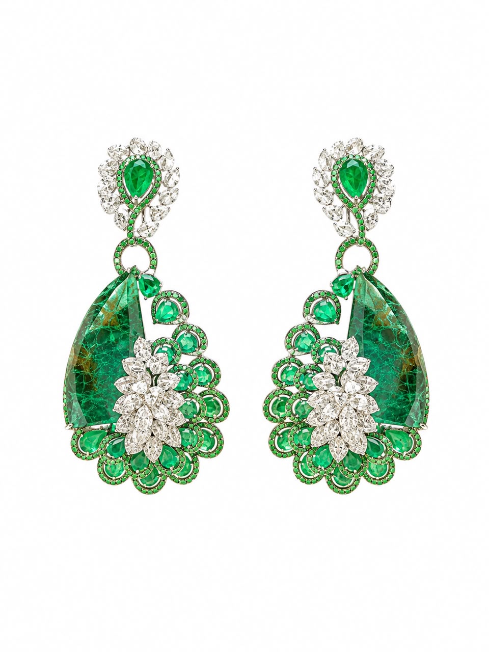 Emerald Crackle Diamond Fan Earrings