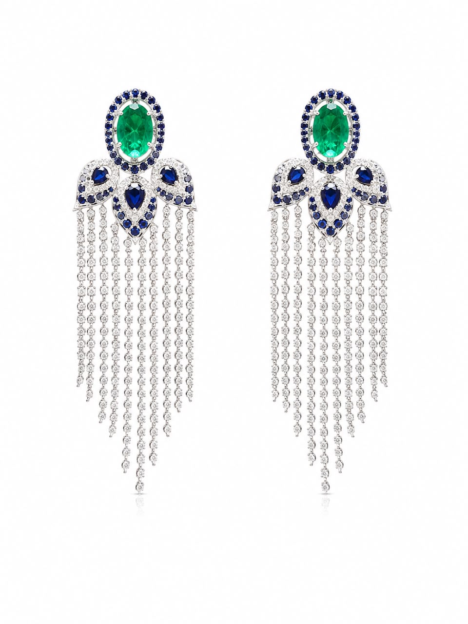 Emerald Sapphire Fringe Chandelier Earrings