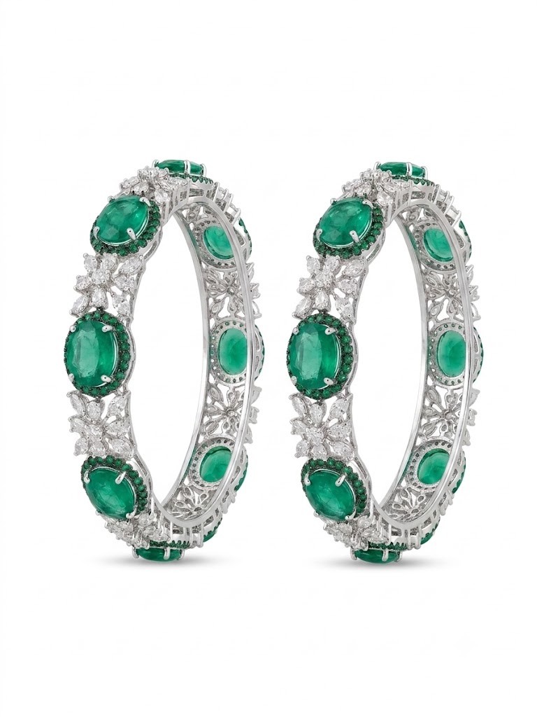 Emerald Diamond Floral Cluster Bangle Pair
