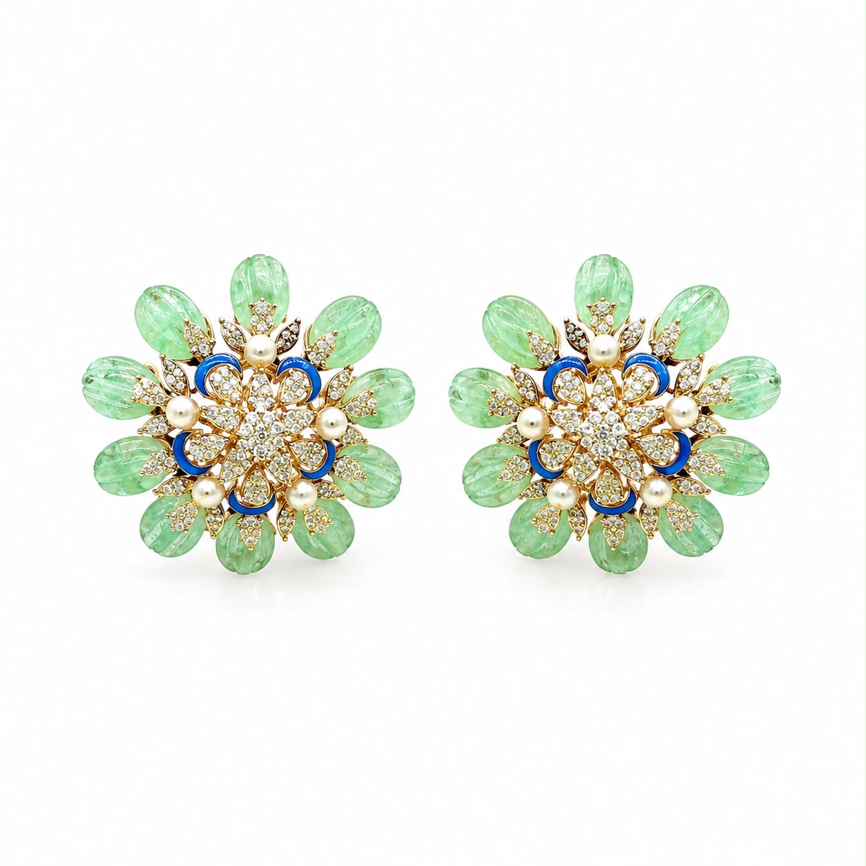 Emerald Pearl Enamel Flower Studs