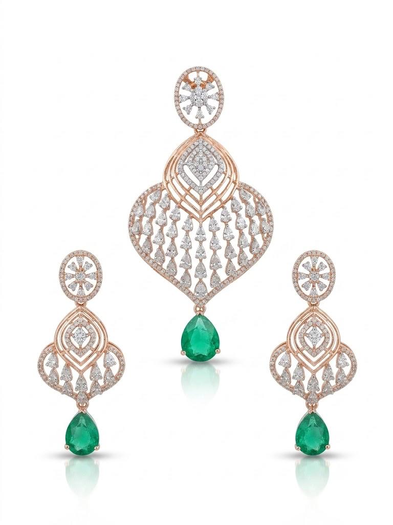 Emerald Diamond Fan Drop Pendant Set