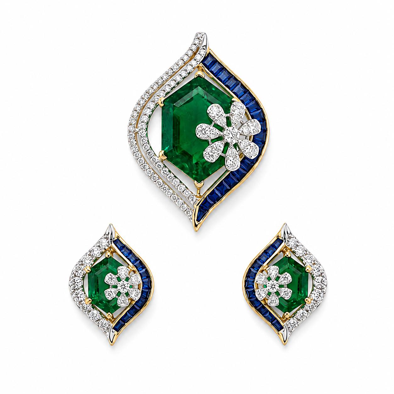 Emerald Sapphire Flame Pendant Set