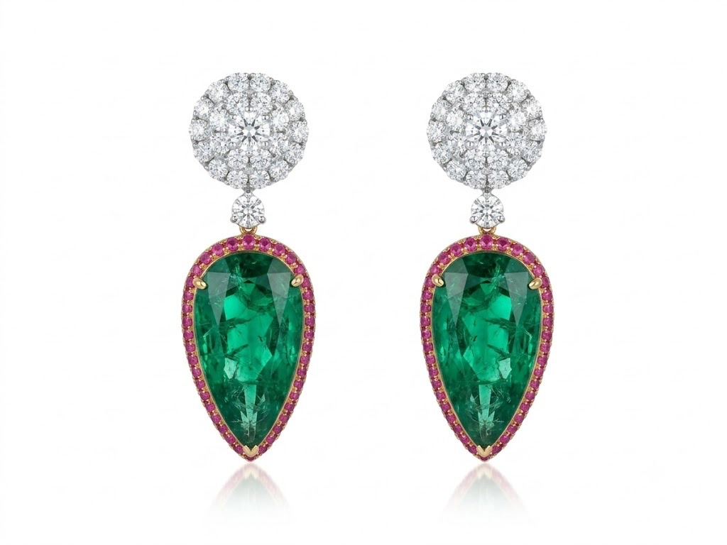 Emerald Pear Pink Sapphire Drop Earrings
